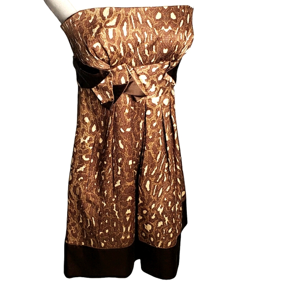 BCBG MAXAZARIA strapless twisted ribbon cummerbund Babydoll leopard party dress